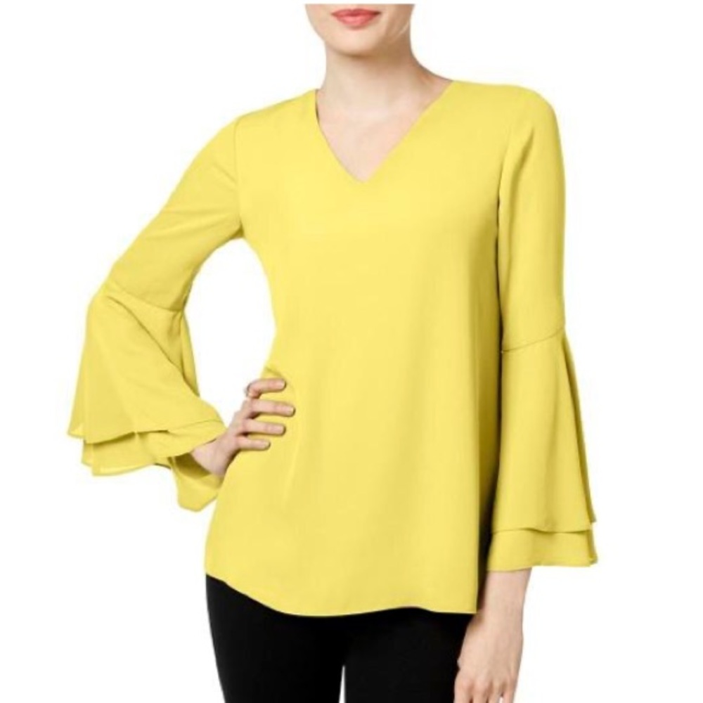 NEW Alfani Bell Sleeve V Neck Blouse Yellow 4 S